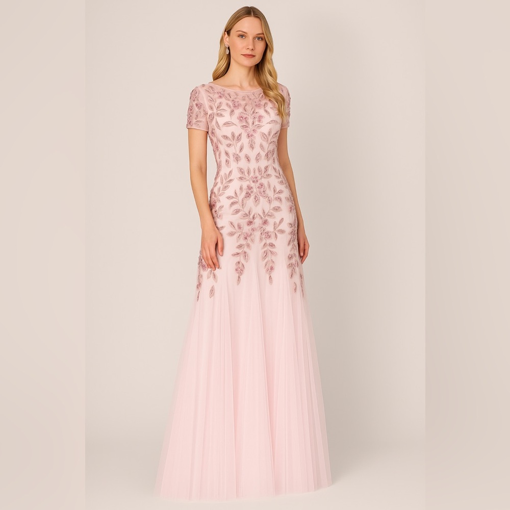 Adrianna Papell Blush Beaded Tulle Gown SZ 6 NWT Formal MOB GALA Dress Evening